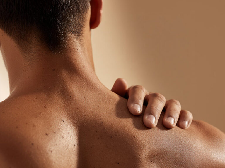 Nahaufnahme eines nackten männlichen Rückens mit mehreren Muttermalen und einer Hand, die die rechte Schulter berührt