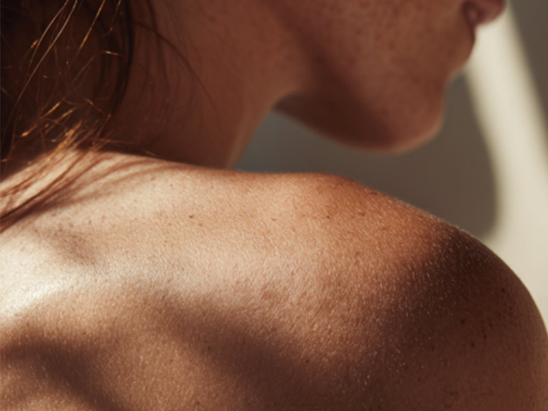 Nahaufnahme einer nackten Schulter und eines Teils des Halses einer Person mit hellem Teint und braunen Haaren