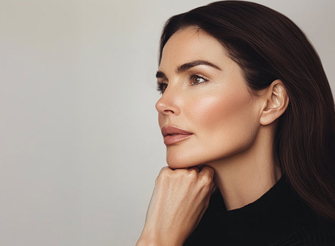 Frau mit langen braunen Haaren in schwarzem Oberteil stützt das Kinn mit der Hand ab